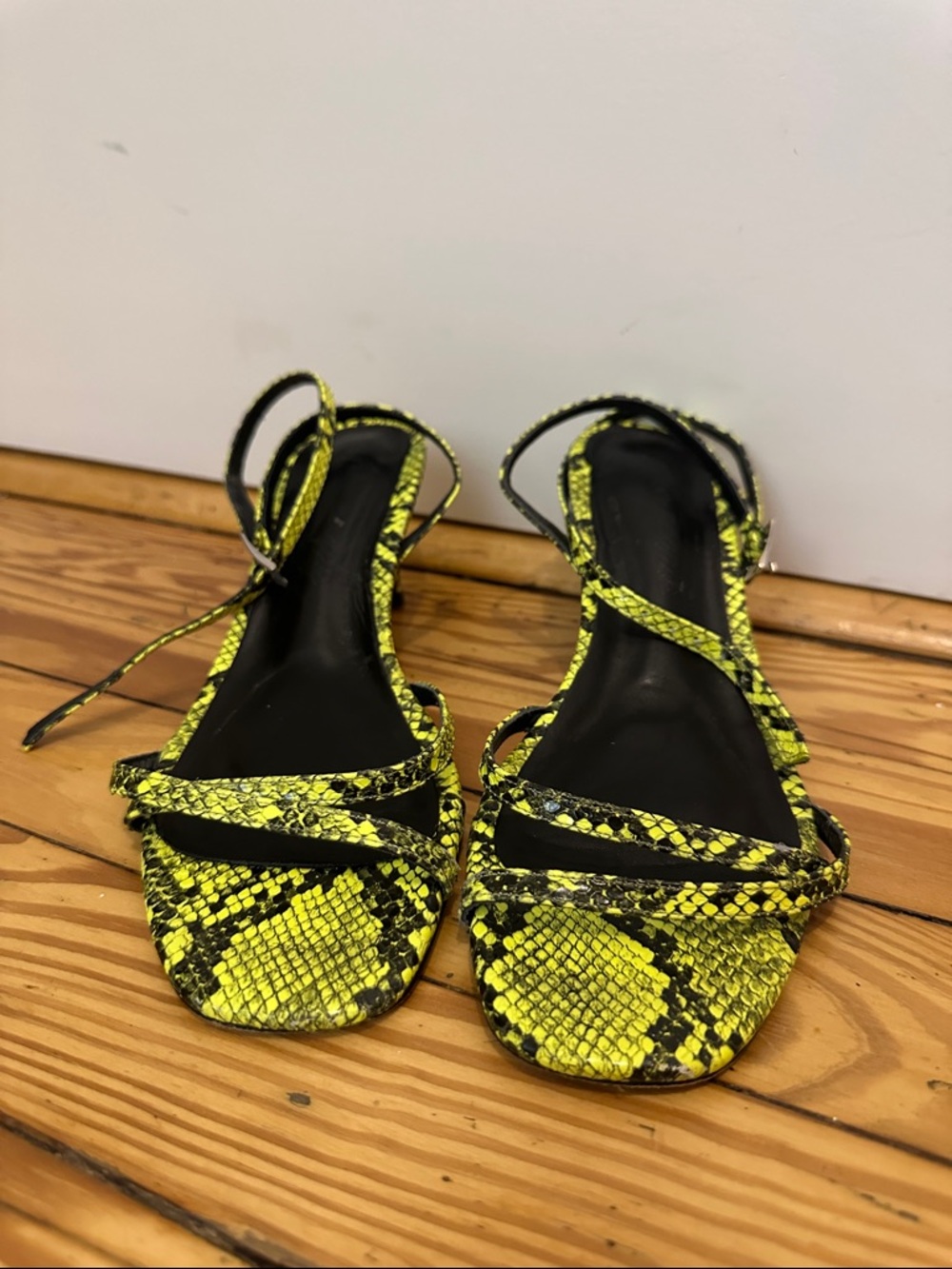 Free People Neon Yellow Snake-Print Strappy Heels